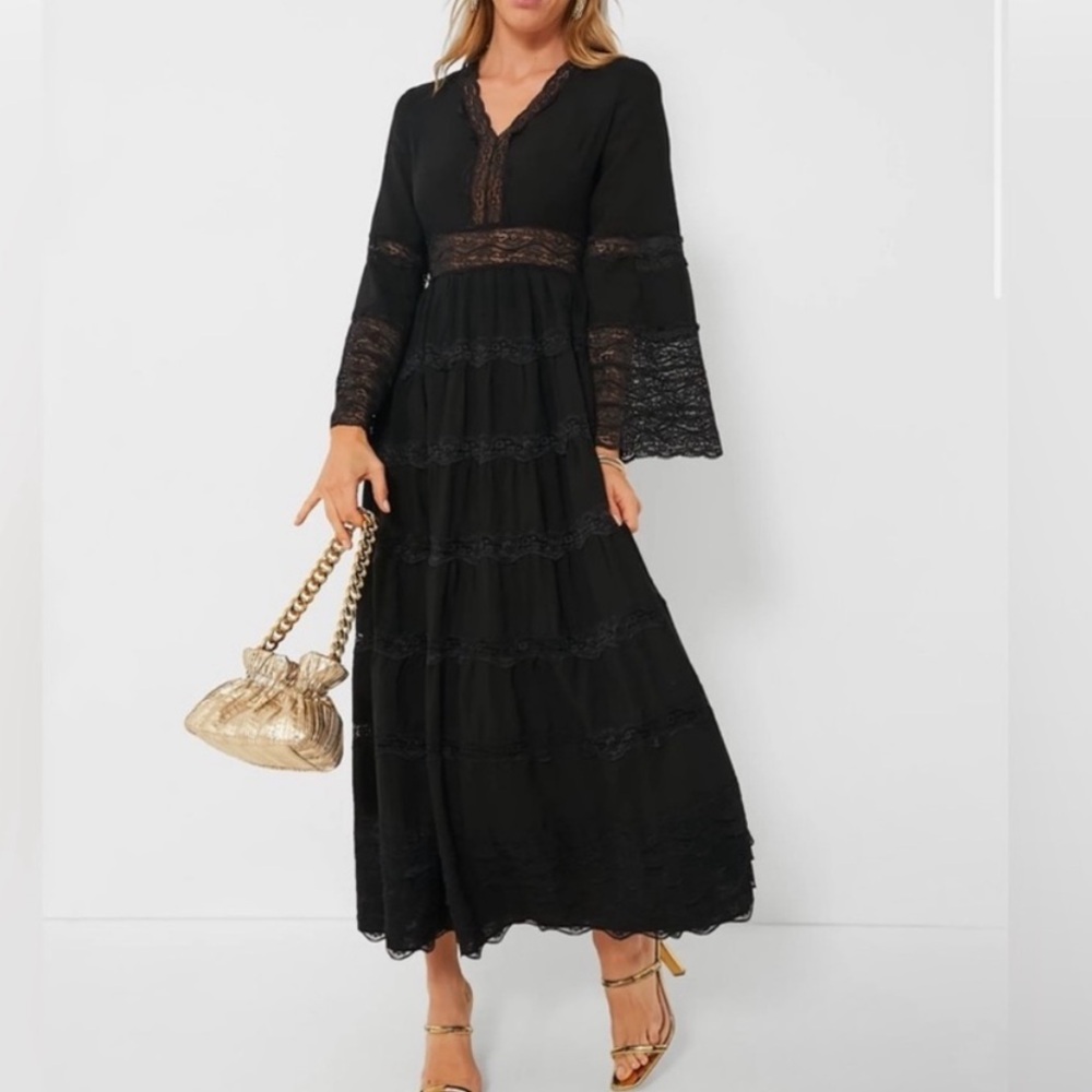 Tuckernuck Hyacinth House Womens Black Lace Lydia Maxi Tiered Long Dress, XS
